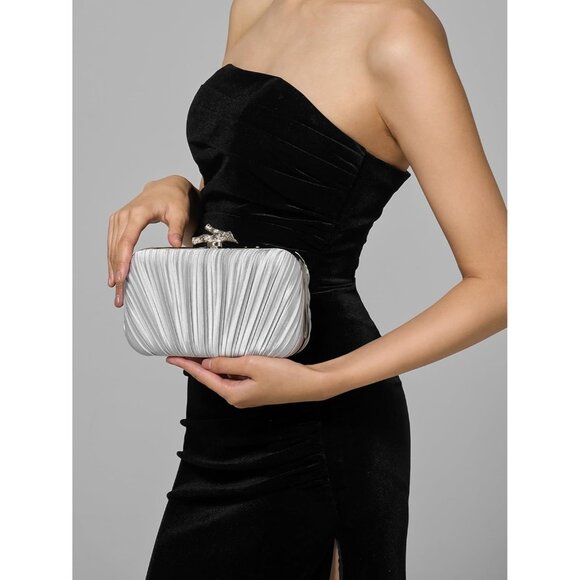 Women's Evening Formal Leather Shoulder Clutch Chain Strap Silver Satin Bag - Picture 5 of 6